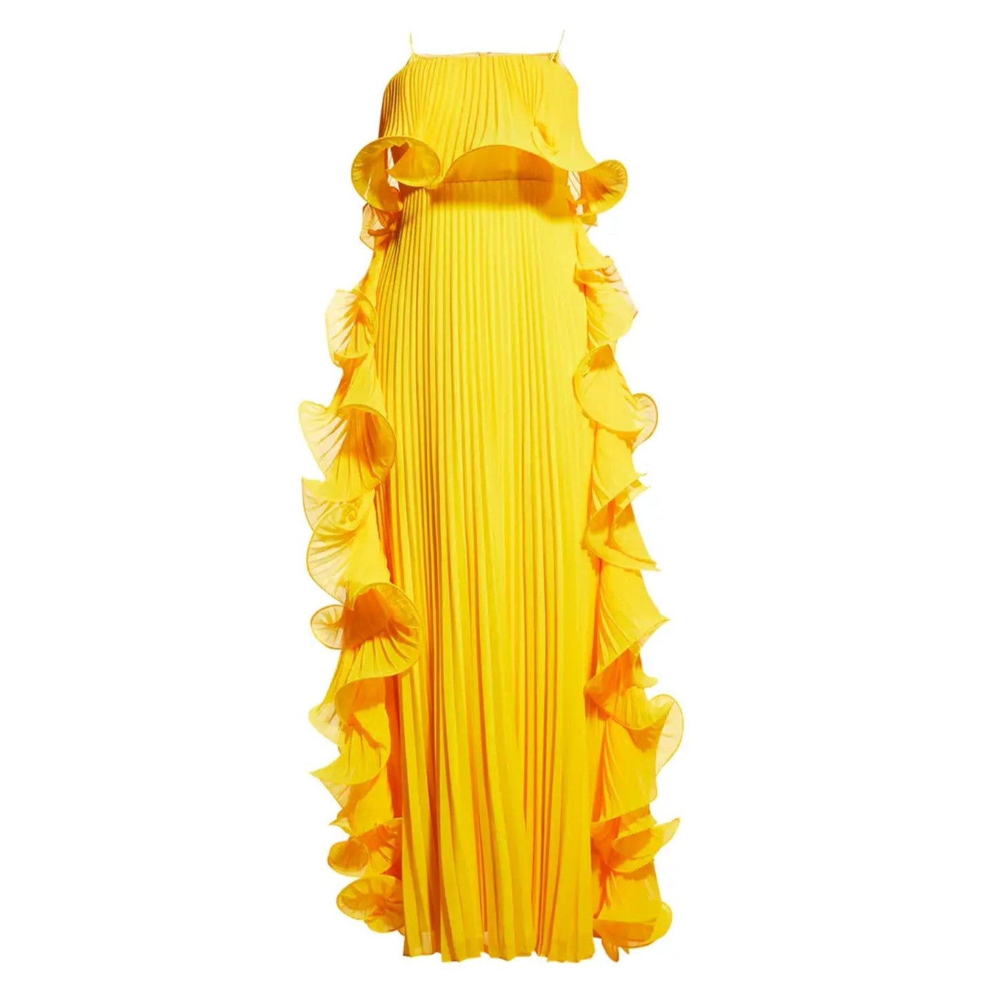 Off-Shoulder Pleated Frill Maxi Dress - Yellow