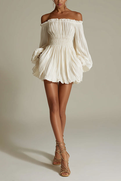 White off-shoulder ruched smocked-waist mini dress