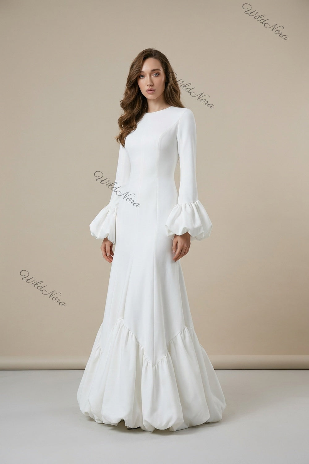 White Heavy Matte Crepe Mermaid Bubble Hem Gown white heavy matte crepe gown - product view 1