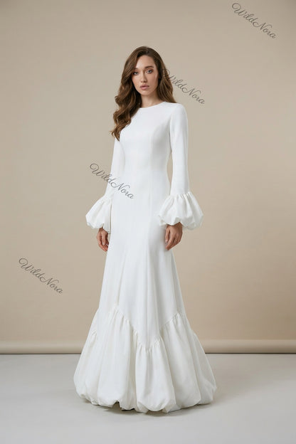 White Heavy Matte Crepe Mermaid Bubble Hem Gown white heavy matte crepe gown - product view 1
