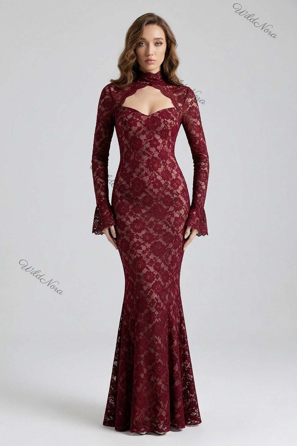 Burgundy Floral Lace Mermaid Gown burgundy floral lace gown - product view 1