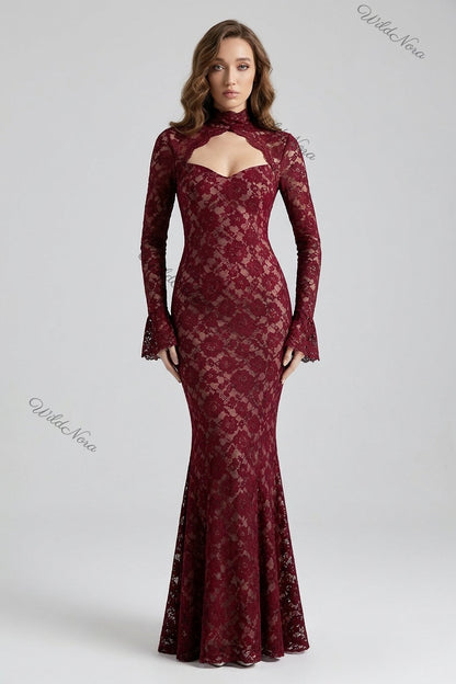 Burgundy Floral Lace Mermaid Gown burgundy floral lace gown - product view 1
