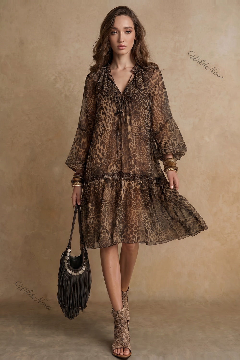 Brown Leopard Print Chiffon A-Line Tiered Dress brown, tan, black chiffon dress - product view 1
