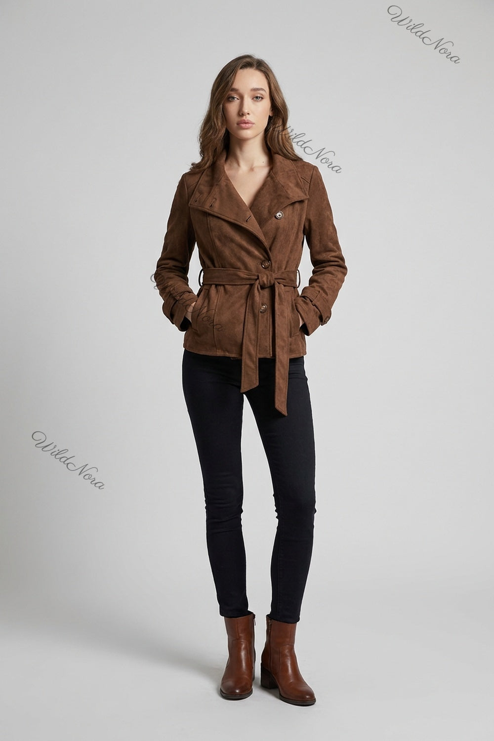 Chocolate Brown Faux-Suede Structured Belted Jacket chocolate brown faux-suede jacket - product view 1