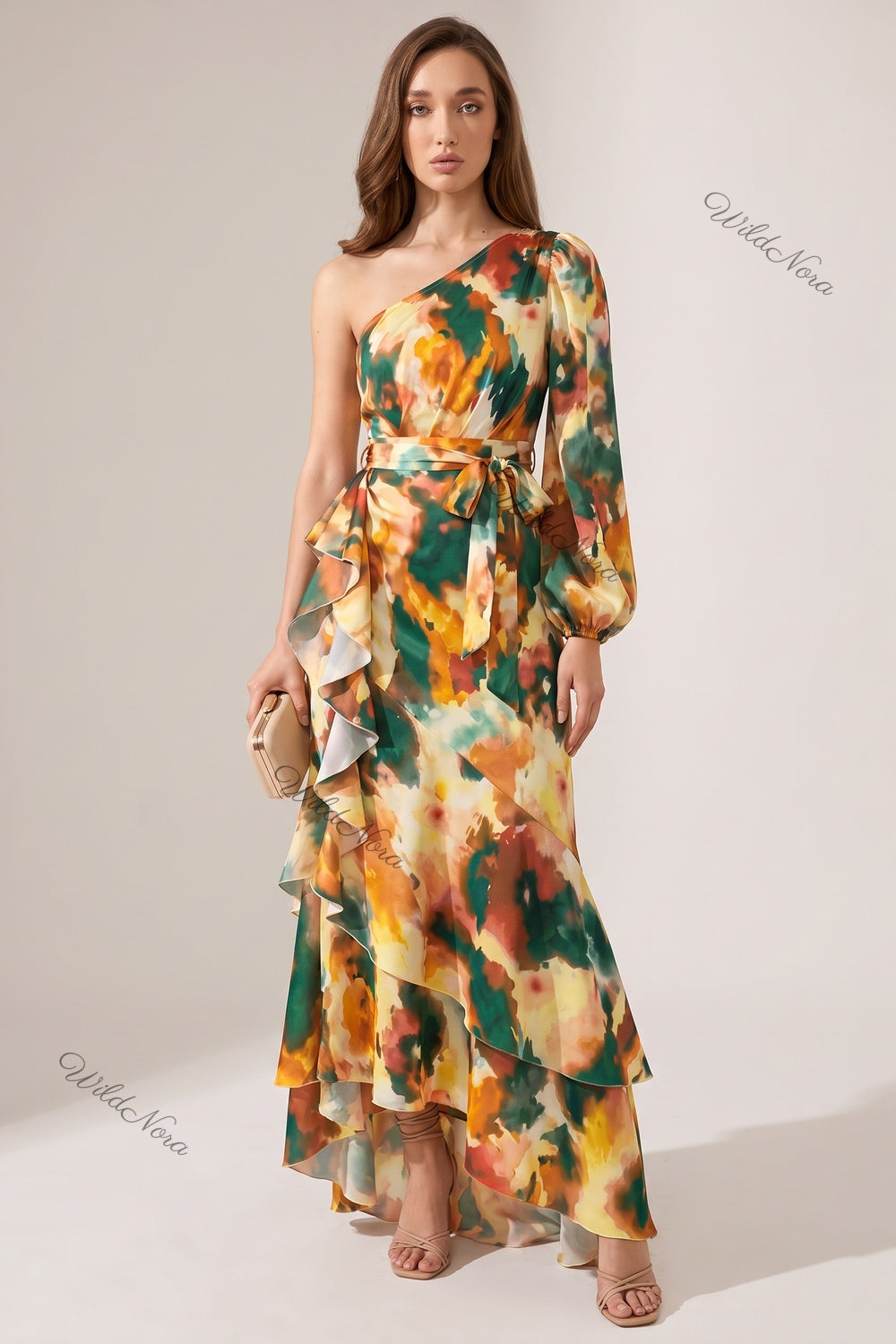 Orange Chiffon One-Shoulder Mermaid Dress with Asymmetrical Ruffles and Watercolor Print orange, green, yellow, cream chiffon dress - product view 1