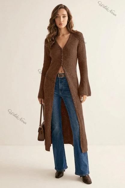 Chocolate Brown Ribbed Knit Longline Cardigan with Bell Sleeves chocolate brown ribbed knit longline cardigan - product view 1