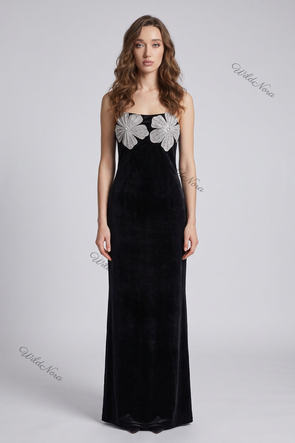Black Velvet Column Dress with Silver Rhinestone Flower Embellishments black velvet dress - product view 1