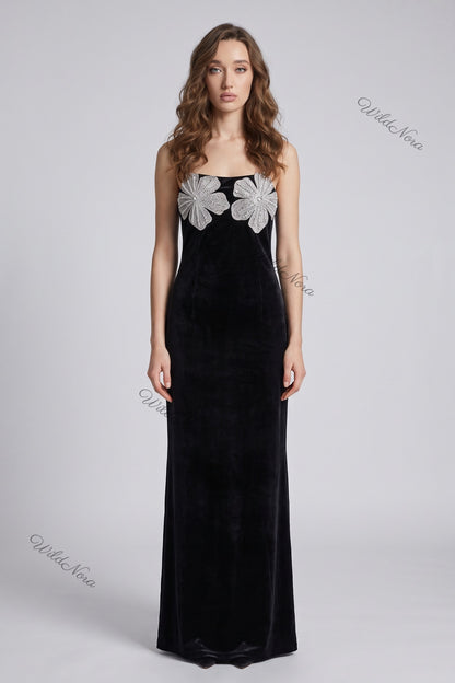 Black Velvet Column Dress with Silver Rhinestone Flower Embellishments black velvet dress - product view 1