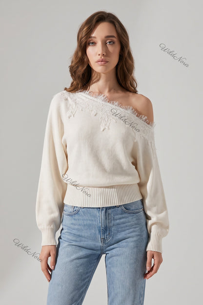 Cream Fine-Gauge Knit Slouchy Blouson Sweater cream, off-white fine-gauge knit sweater - product view 1