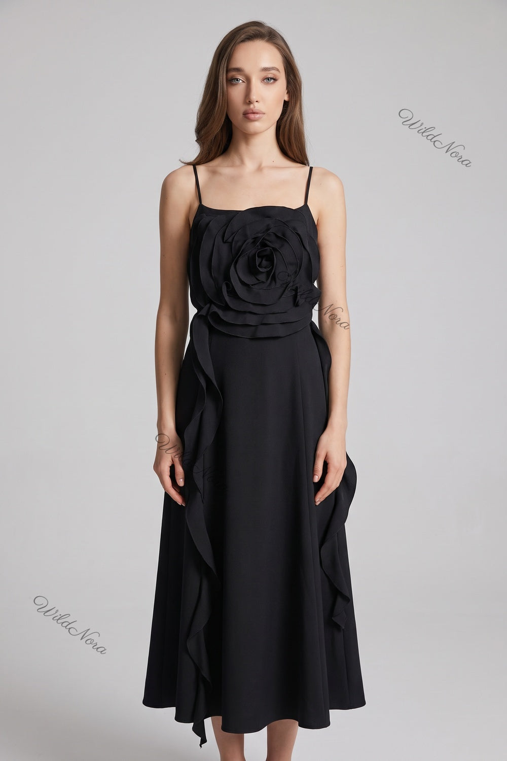 Black Crepe A-Line Midi Dress with Rose Detail black crepe dress - product view 1