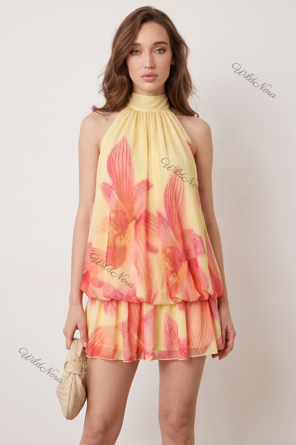 Pale Yellow Chiffon A-Line Tiered Blouson Dress with Orchid Floral Print pale yellow chiffon dress - product view 1