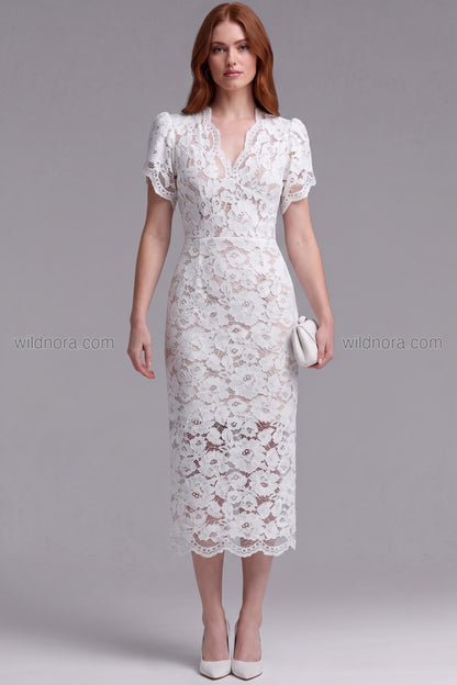 White Floral Lace Midi Dress Premium Fabric - product view 1