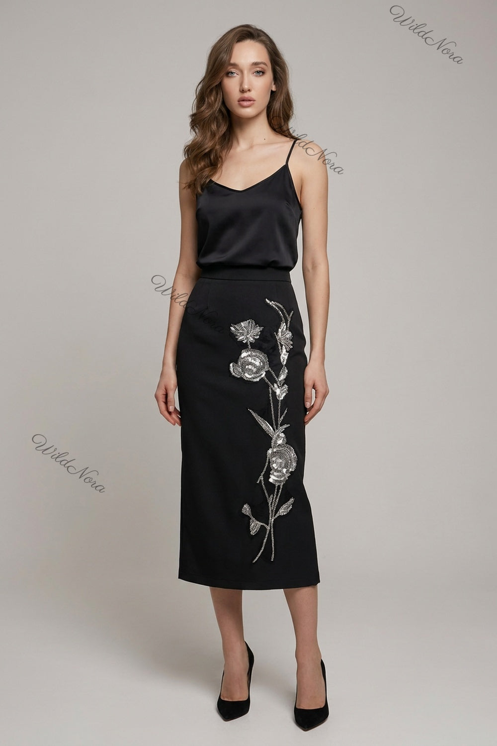 Black Structured Crepe Straight Midi Skirt with Silver Floral Beadwork black structured woven crepe skirt - product view 1