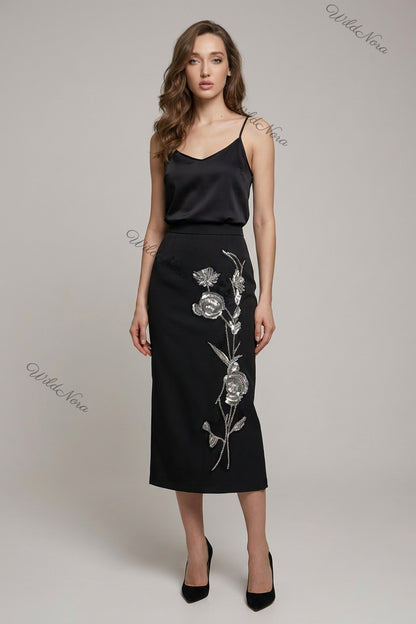 Black Structured Crepe Straight Midi Skirt with Silver Floral Beadwork black structured woven crepe skirt - product view 1