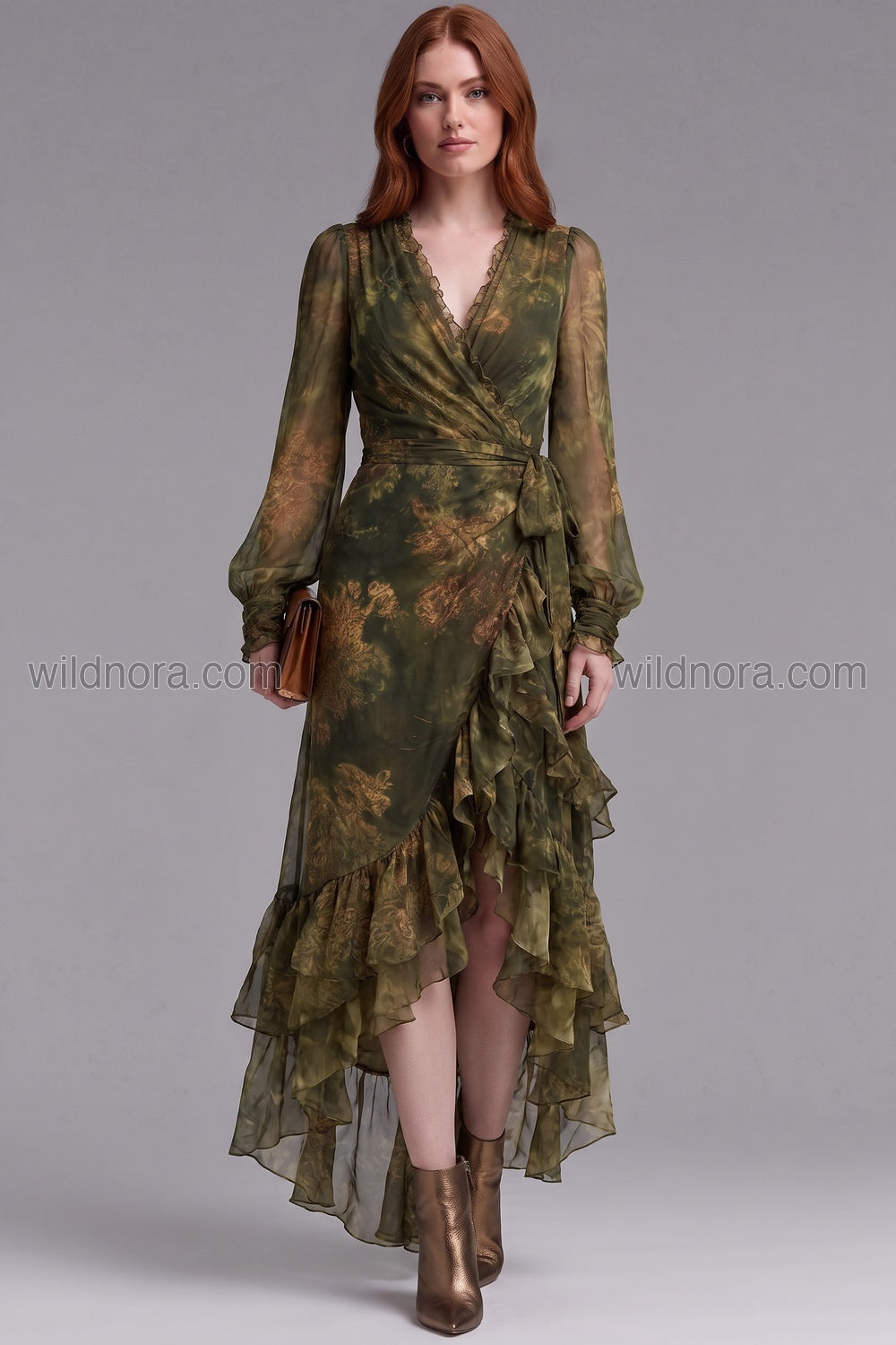 Olive Green Sheer Chiffon Wrap Dress with Asymmetrical Ruffled Hem olive green, forest green sheer chiffon dress - product view 1