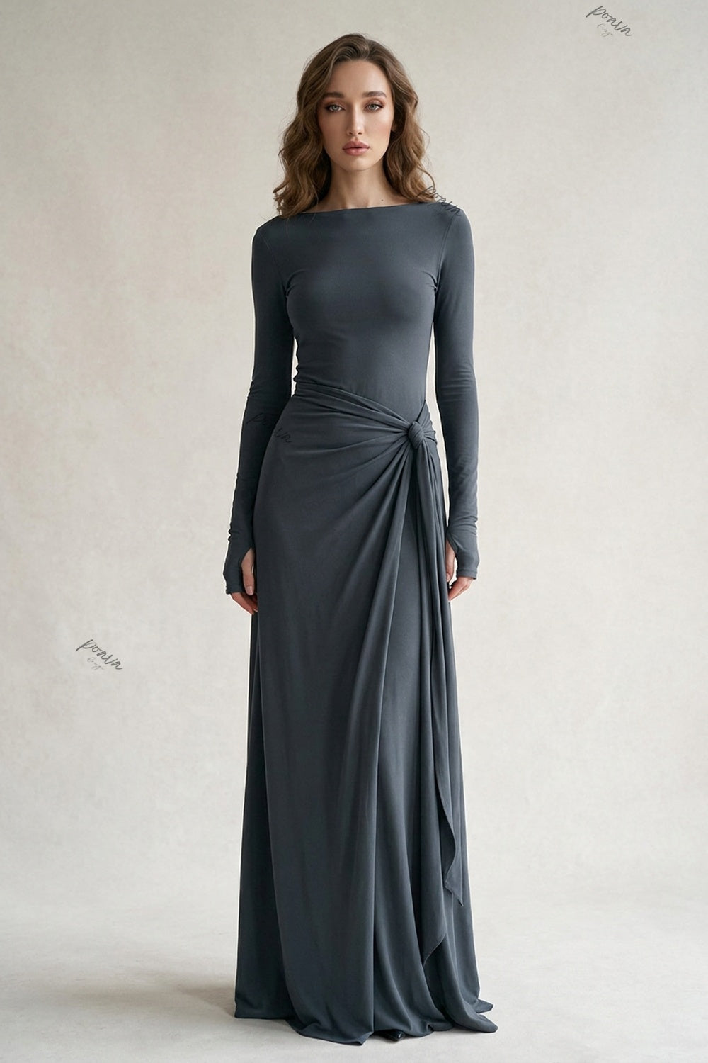 Dark Grey Jersey Knit Dress with Draped Flowing Skirt and Side Knot Detail dark grey jersey knit dress - product view 1