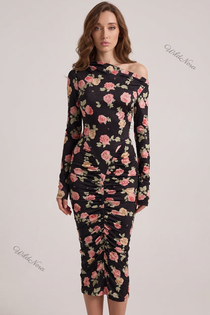 Black Floral Bodycon Midi Dress with Asymmetrical Off-the-Shoulder black stretch knit dress - product view 1