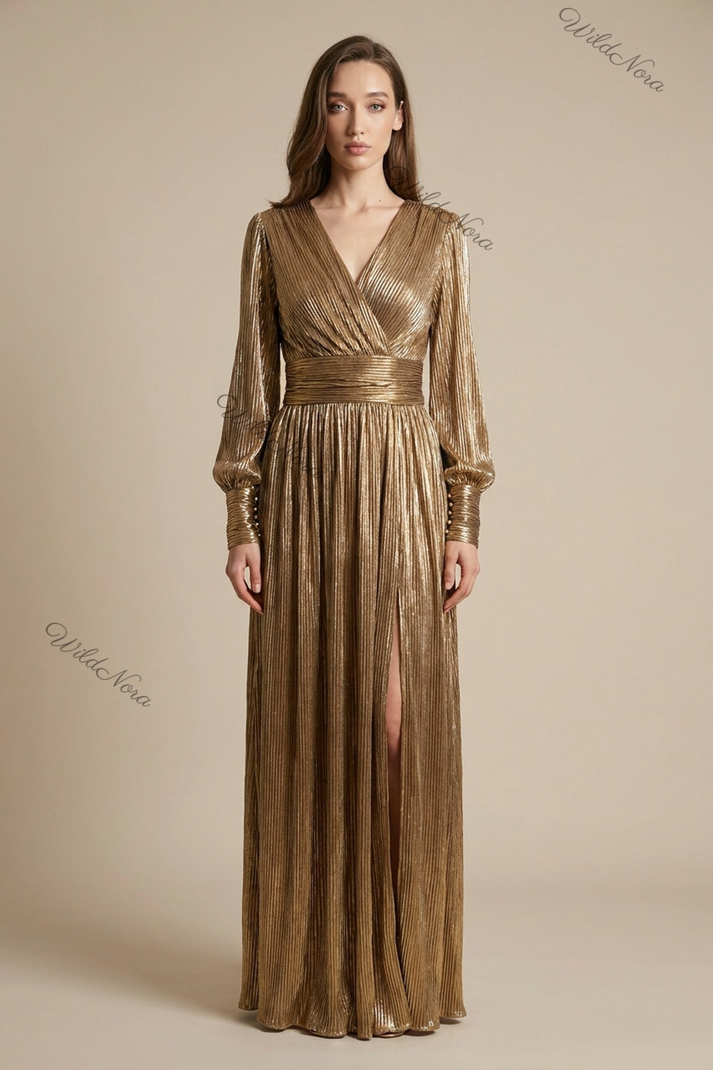 Gold Metallic Plissé A-Line Maxi Dress gold, bronze metallic plissé maxi dress - product view 1