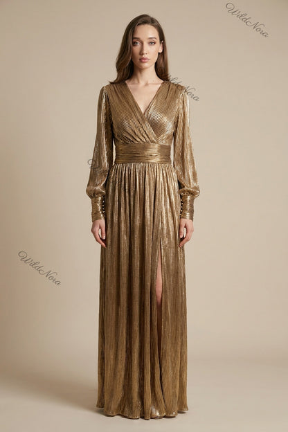 Gold Metallic Plissé A-Line Maxi Dress gold, bronze metallic plissé maxi dress - product view 1