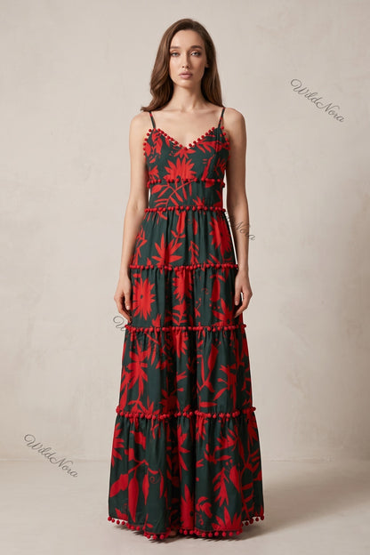 Dark Forest Green Tiered Maxi Dress with Red Botanical Print and Pom-Pom Trim dark forest green lightweight woven synthetic tiered maxi dress - product view 1