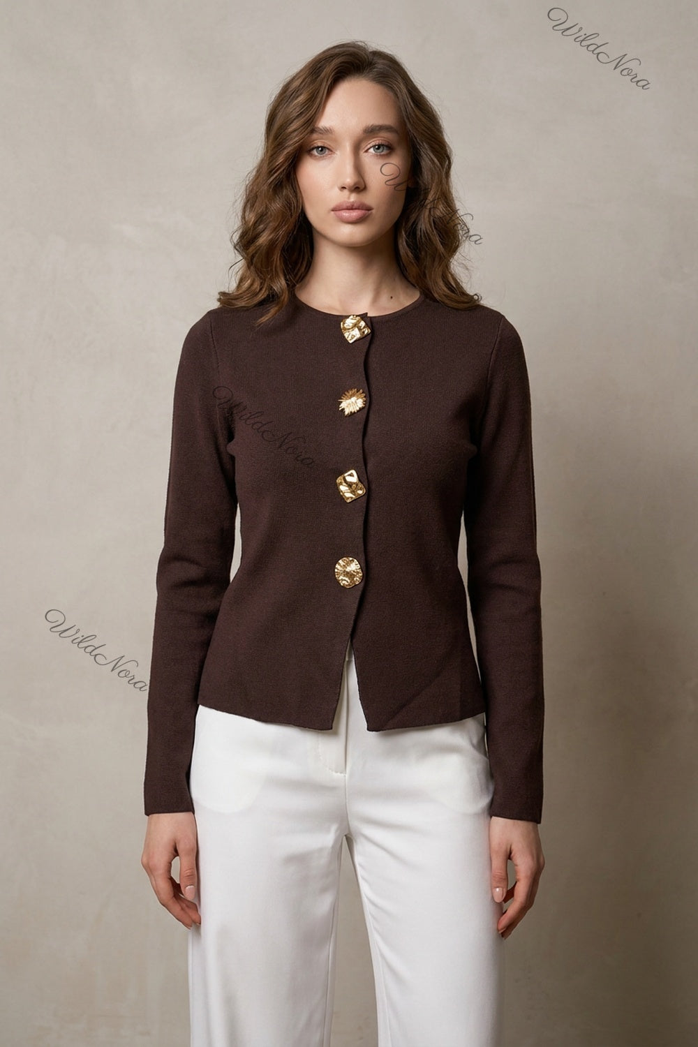 Dark Brown Fine-Gauge Knit Cardigan Jacket with Textured Gold Buttons dark brown fine-gauge knit cardigan jacket - product view 1