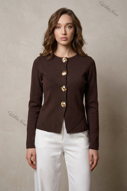 Dark Brown Fine-Gauge Knit Cardigan Jacket with Textured Gold Buttons dark brown fine-gauge knit cardigan jacket - product view 1