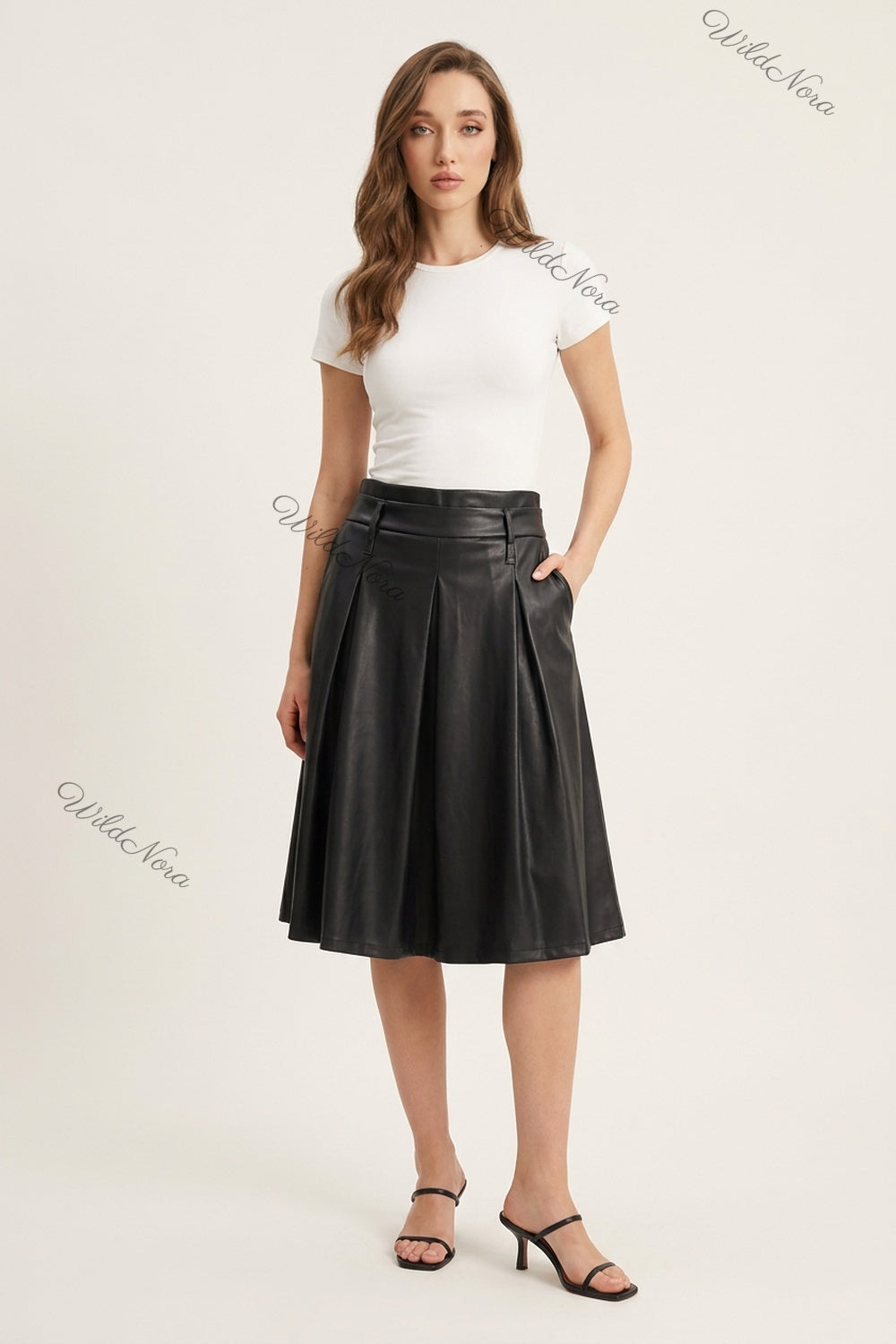 Black Faux Leather A-Line Pleated Midi Skirt black faux leather skirt - product view 1