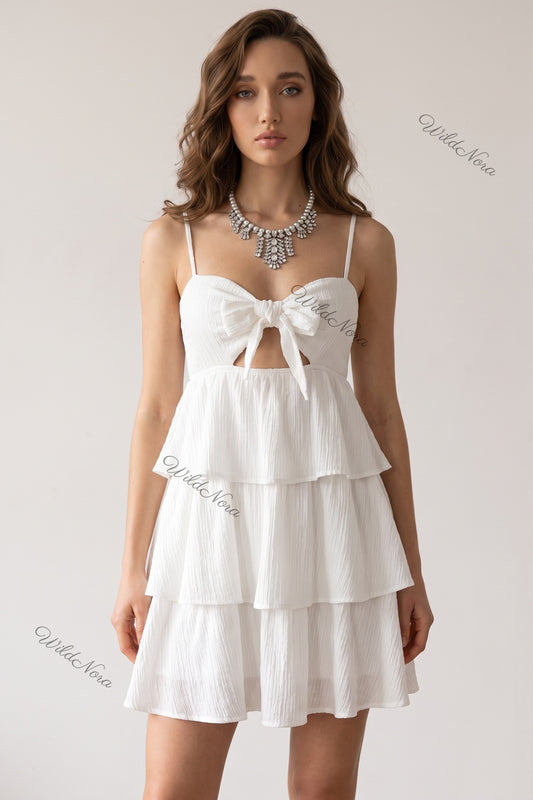White Crinkle Cotton Gauze Fit-and-Flare Tiered Mini Dress white crinkle cotton gauze tiered mini dress - product view 1