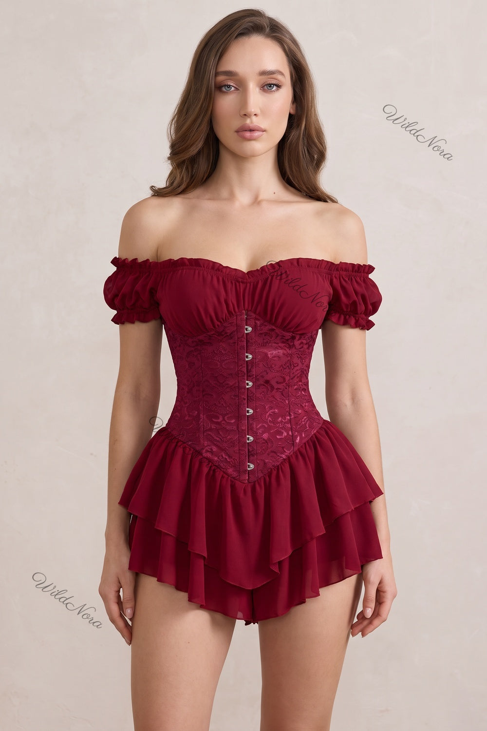 Burgundy Chiffon Corset Romper with Lace Overlay burgundy chiffon corset romper - product view 1