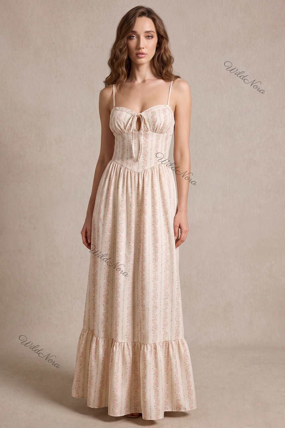 Cream Ditsy Floral Maxi Dress with Smocked Bodice cream, off-white lightweight woven cotton-blend maxi dress - product view 1