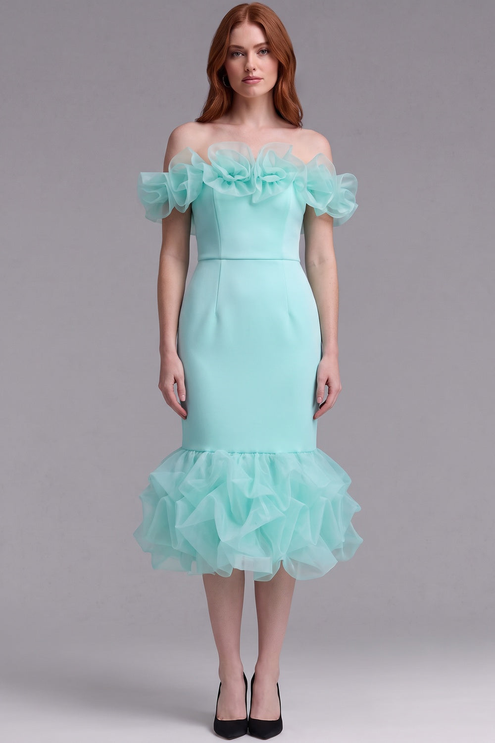 Mint Green Off-The-Shoulder Mermaid Midi Dress with Organza Ruffles mint green structured stretch woven dress - product view 1