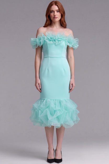 Mint Green Off-The-Shoulder Mermaid Midi Dress with Organza Ruffles mint green structured stretch woven dress - product view 1