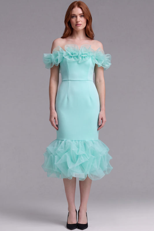 Mint Green Off-The-Shoulder Mermaid Midi Dress with Organza Ruffles mint green structured stretch woven dress - product view 1