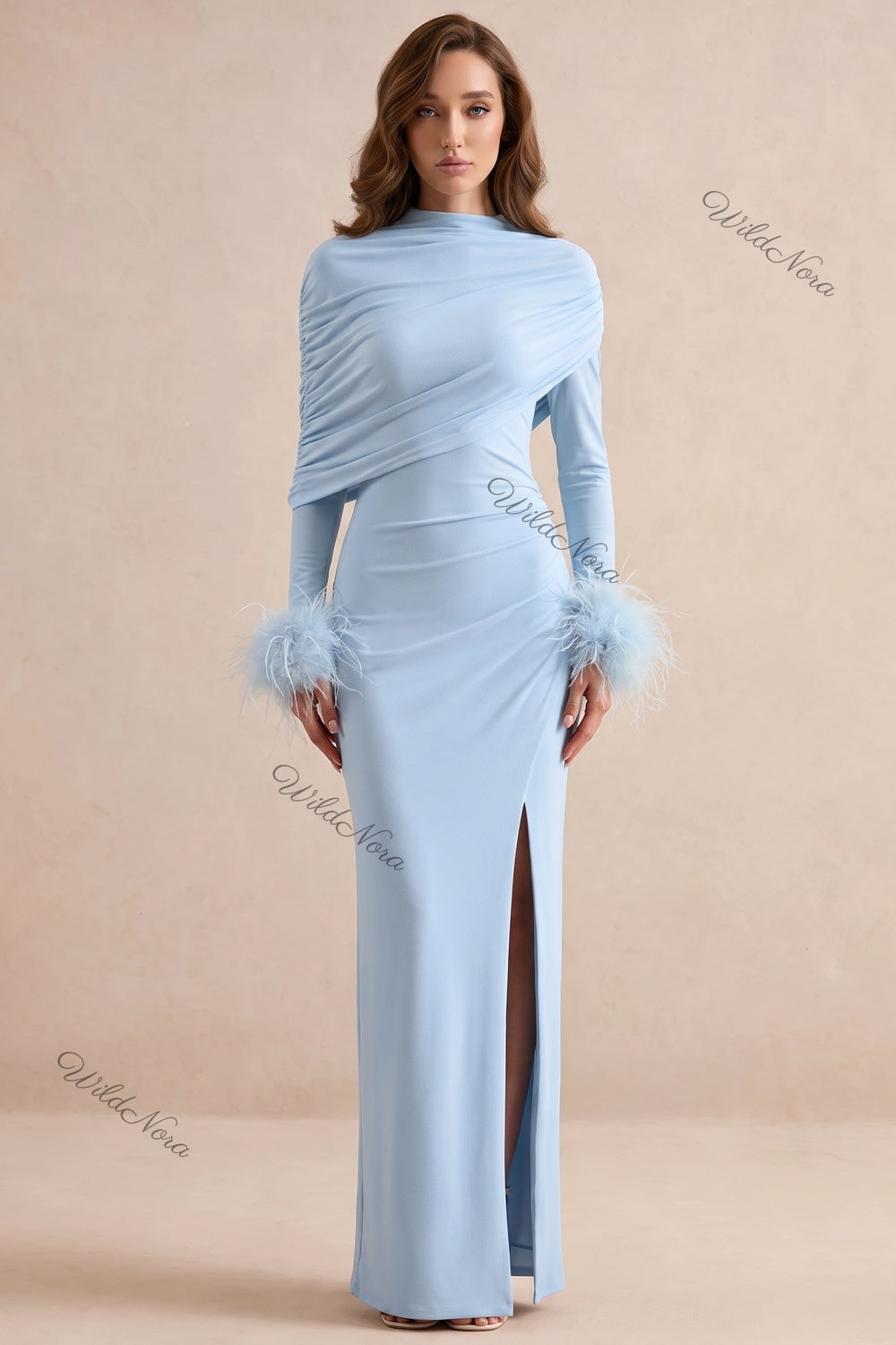 Light Blue Stretch Jersey Column Gown with Feather Cuffs light blue stretch jersey gown - product view 1