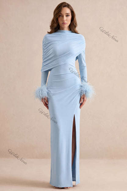 Light Blue Stretch Jersey Column Gown with Feather Cuffs light blue stretch jersey gown - product view 1