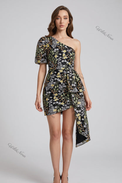 Black Floral Embroidered Sheer Mesh Asymmetrical One-Shoulder Dress black embroidered sheer mesh dress - product view 1