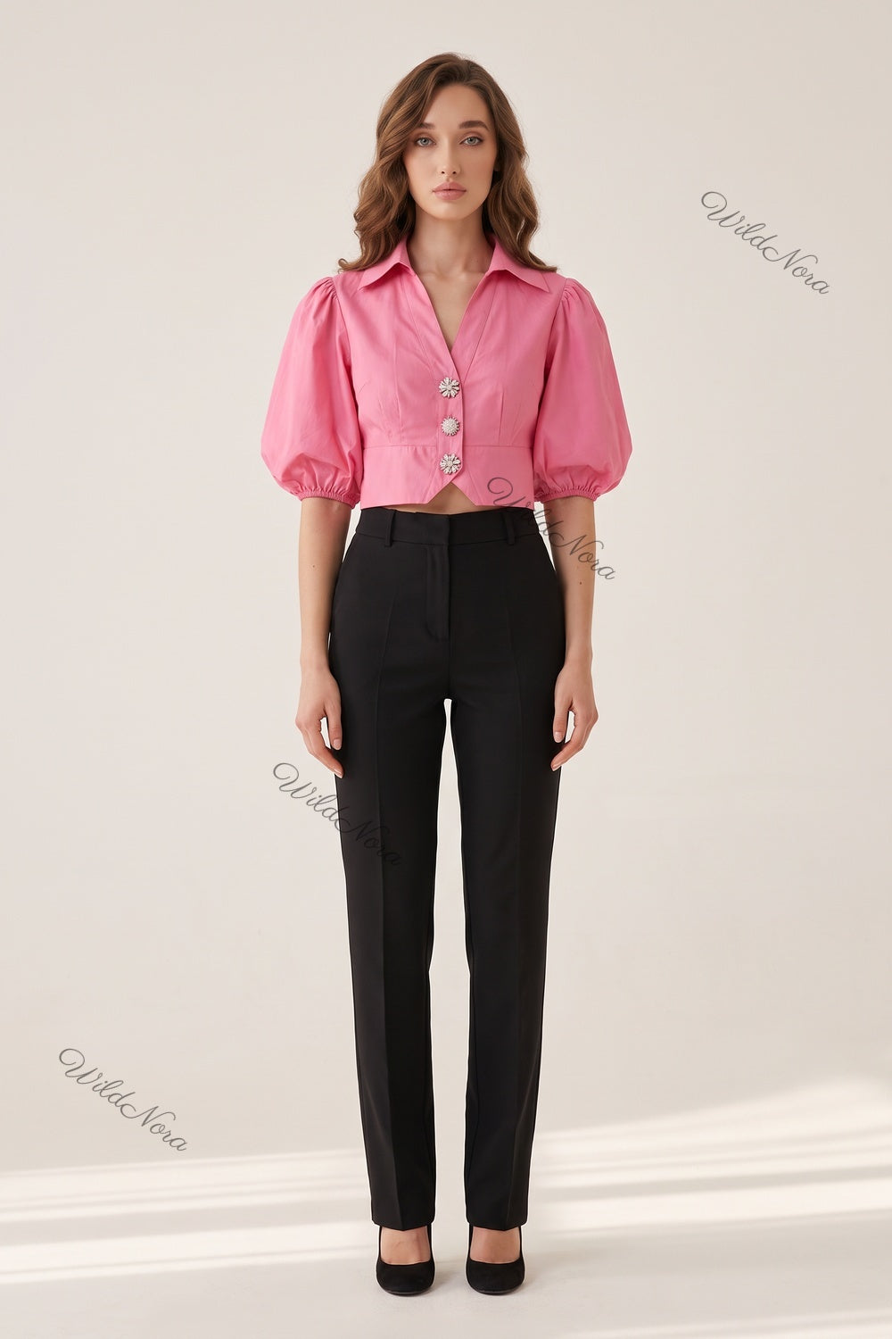 Pink Cotton Poplin Cropped Blouse with Voluminous Puff Sleeves pink cotton poplin cropped blouse - product view 1