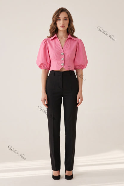 Pink Cotton Poplin Cropped Blouse with Voluminous Puff Sleeves pink cotton poplin cropped blouse - product view 1