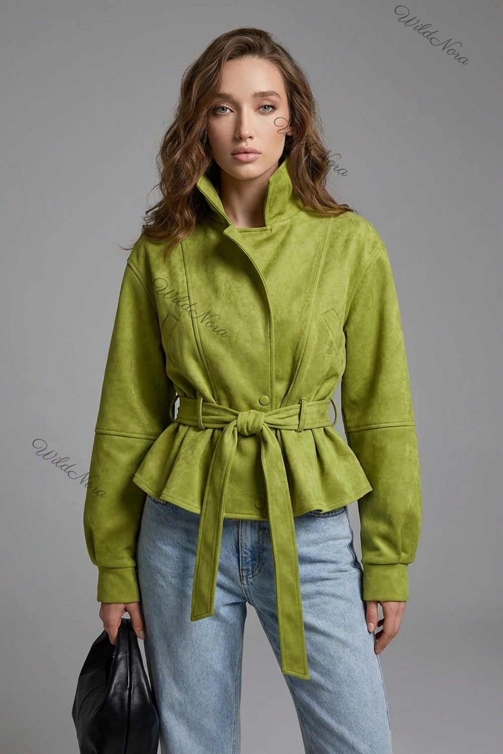 Lime Green Faux Suede Peplum Jacket with Balloon Sleeves lime green faux suede jacket - product view 1