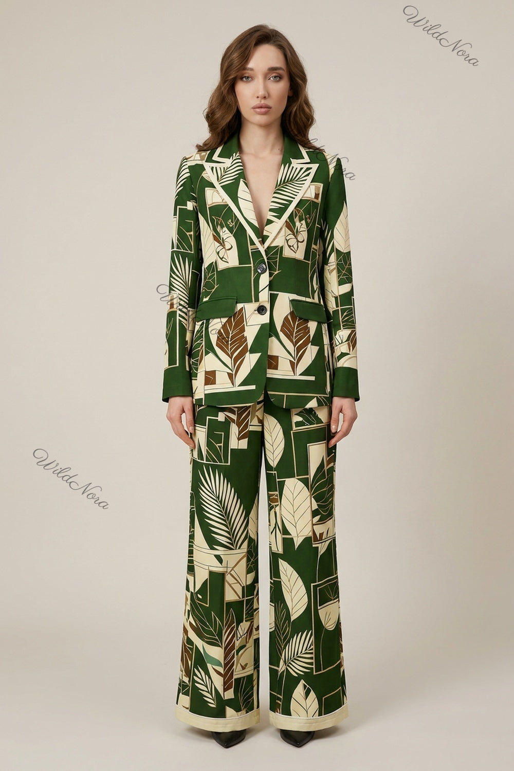Dark Green Tropical Geometric Two-Piece Pant Suit dark green Woven synthetic crepe Two-piece pant suit - product view 1