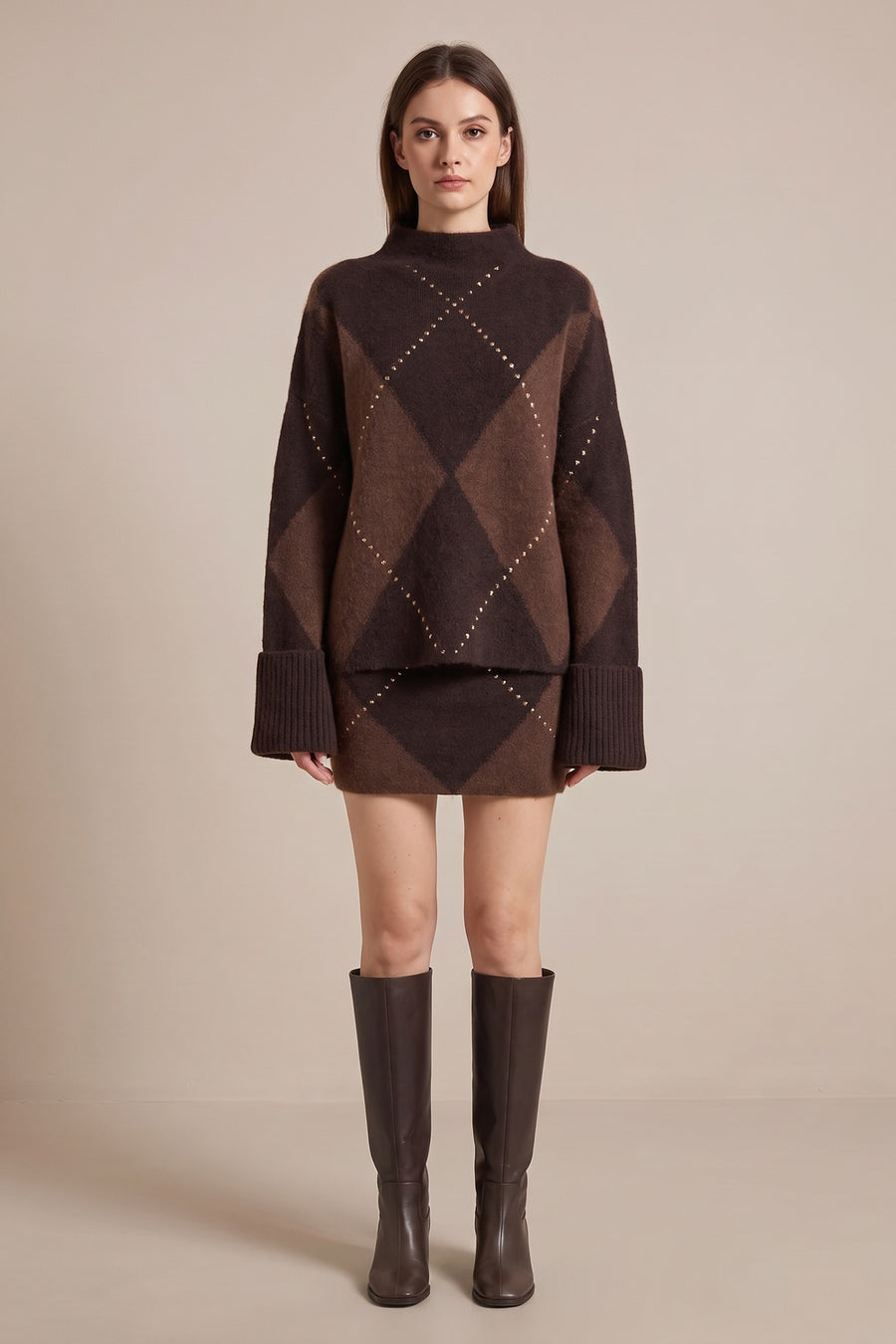 Dark Brown Wool-Blend Knit Argyle Sweater & Mini Skirt Two-Piece Set