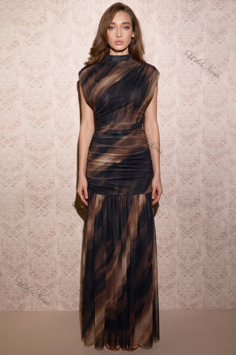 Black Brown Marble Print Mermaid Maxi Dress Black, Dark Brown Sheer mesh Maxi dress - product view 1