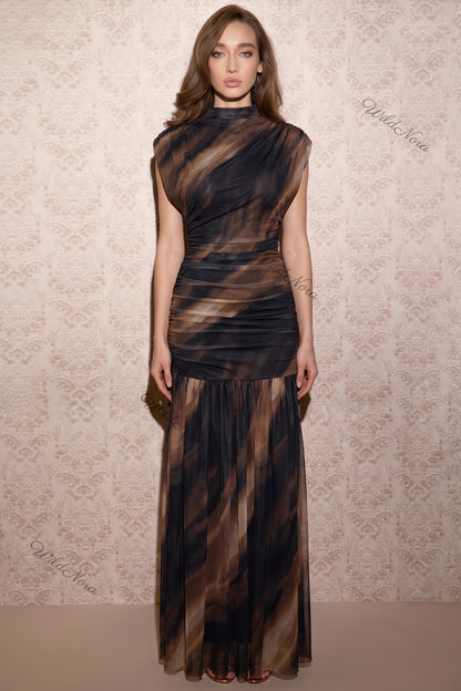 Black Brown Marble Print Mermaid Maxi Dress Black, Dark Brown Sheer mesh Maxi dress - product view 1