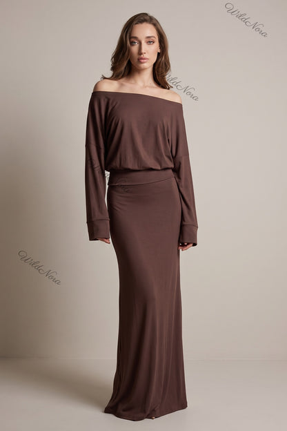 Chocolate Brown Jersey Knit Blouson Maxi Dress chocolate brown jersey knit maxi dress - product view 1
