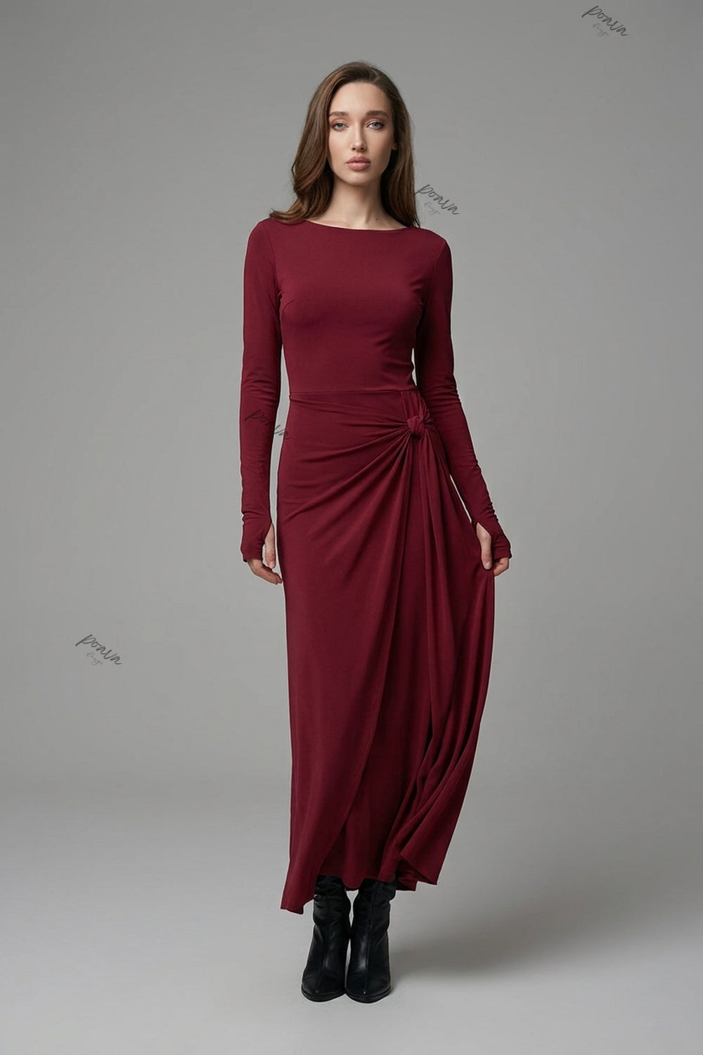 Wine Red Jersey Wrap Maxi Dress with Knot Detail wine red jersey knit dress - product view 1