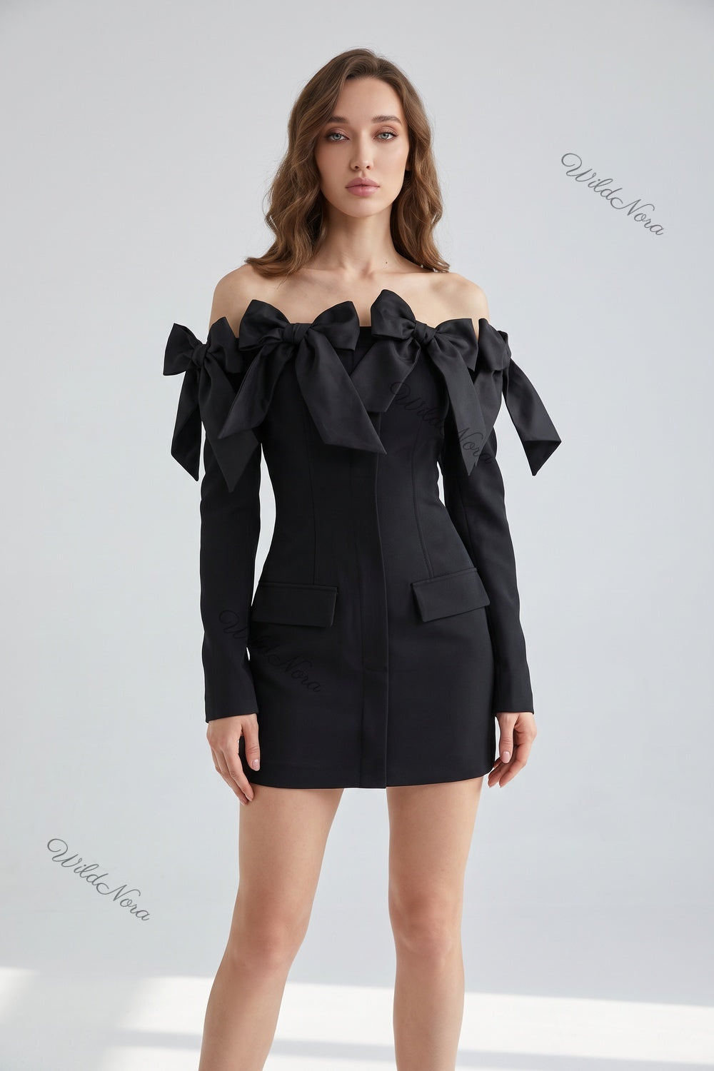 Black Structured Blazer Mini Dress with Off-Shoulder Bows black structured woven suiting blazer mini dress - product view 1