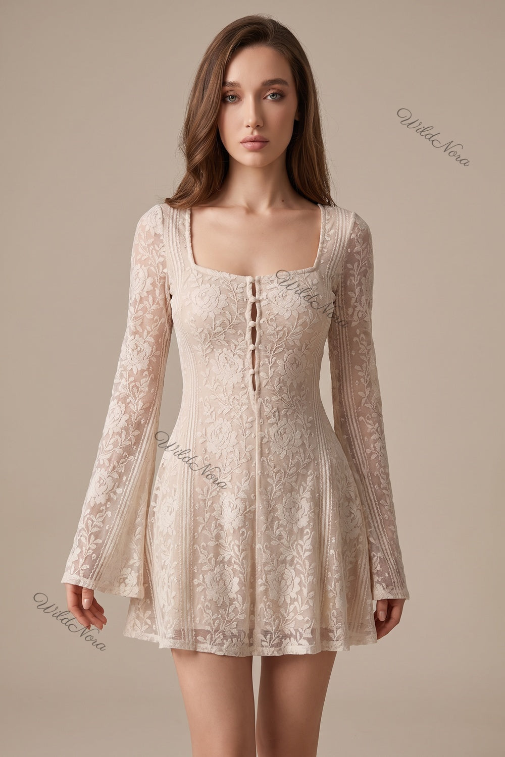 Beige Floral Lace Overlay Fit-and-Flare Mini Dress beige, cream floral lace overlay mini dress - product view 1