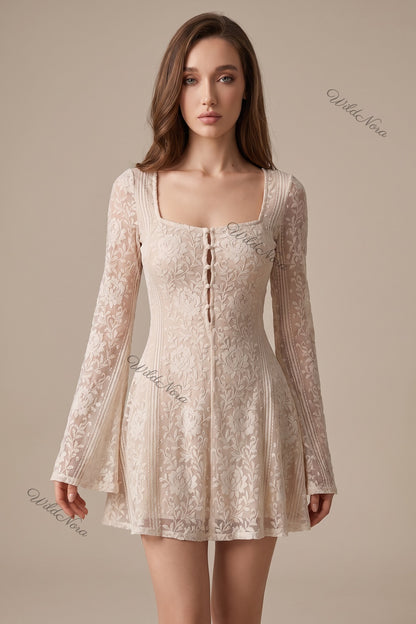 Beige Floral Lace Overlay Fit-and-Flare Mini Dress beige, cream floral lace overlay mini dress - product view 1