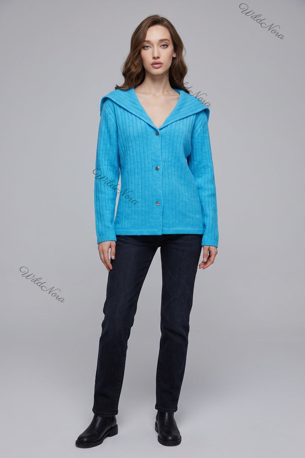 Cyan Blue Ribbed Knit Cardigan with Sailor Collar cyan blue ribbed knit cardigan - product view 1