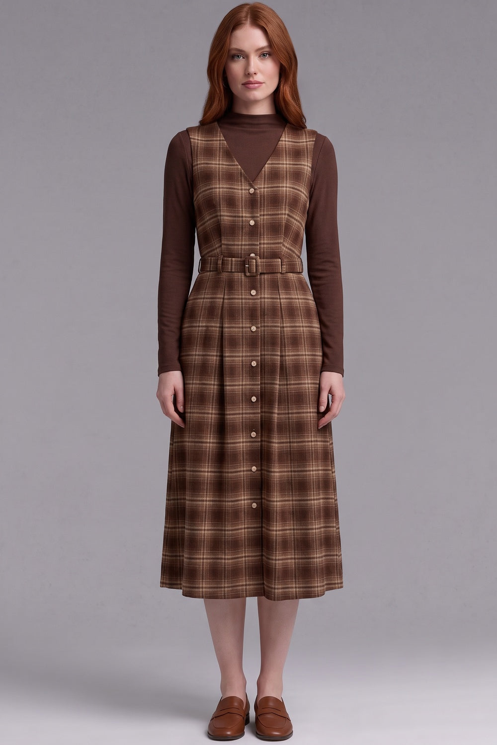 Brown Plaid Two-Piece Layered Dress Set with Belt Brown, Tan Woven plaid fabric Two-piece layered dress set - product view 1